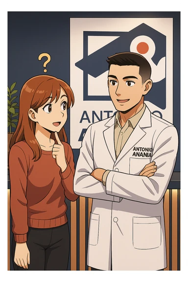 su questo stile fai un manga/webtoon a colori in cui una donna incuriosita fa una DOMANDA ALL'UOMO, l'uomo della foto in stile manga LE risponde, mantieni un ambiente simile alla foto che ho allegato con il suo logo (sarebbe il suo studio, lui è un kinesiologo), scrivigli "ANTONIO ANANIA" sul camice bianco, non mettere fumetti, ma fai in modo che sembri che la donna CHIEDA curiosa E L'UOMO le risponda sticker