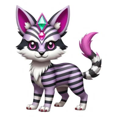 Black and white-striped Colorful Skilled Adept Graceful Asian Painted WereGarurumon-Meloetta-Obstagoon-Furret-fusion-hybrid-creature (full body) with a magenta triangular gem on the forehead, tufted lynx ears sticker