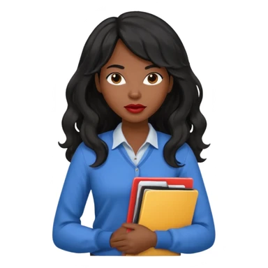 A young woman with long black hair, a wavy frange falling on half of her head. There's a long wavy stretch of hair falling on the side of her head. She's black, medium to dark skinned with thick lips. She's holding folders, and she's a CEO, but she's wearing casual clothes. sticker