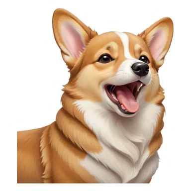 Cinematic Cute Yawning Fawn Corgi Portrait Emoji, Head tilted slightly with a dramatic, wide-open yawn, showcasing a smooth fawn coat with bold white markings, short ears slightly drooping, round brown eyes barely open in drowsy contentment, Simplified yet irresistibly adorable features, highly detailed, glowing with a soft, cozy glow, high shine, relaxed yet expressive, stylized with a touch of whimsy, bright and endearing, soft glowing outline, capturing the essence of a sleepy yet affectionate herder, so drowsy it feels like it could stretch right out of the screen and curl up for a nap! sticker