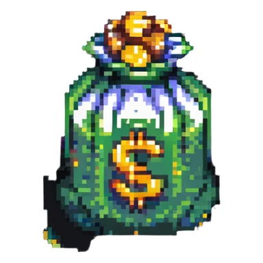 pixel art money bag with coins around sticker