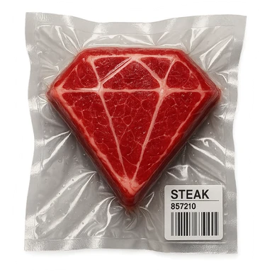 steak shaped like a diamond, extra glossy and puffy vacuum-sealed style sticker