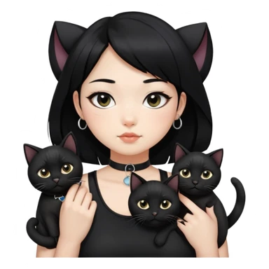 Asian girl, black hair.  Holding two BLACK cats with one cat has a round fat face. Both pure black.  The girl also wearing a black singlet, a black chocker, silver round hook earring, and wearing eyeliner.  sticker