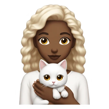 Emoji girl with light skin, beautiful makeup, brown eyes, holding a white fluffy cat sticker