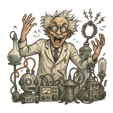 mad scientist going crazy, surrounded by inventions, frantic pose sticker
