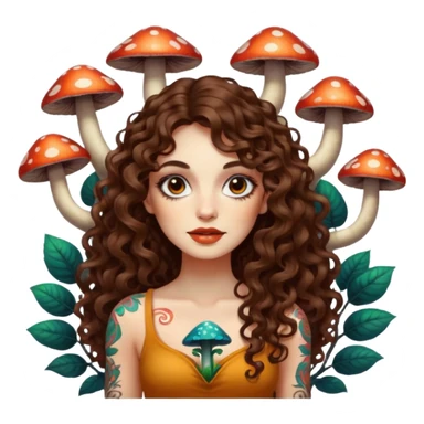 woman with long curly brown hair, brown eyes, white skin, tattoos, psychedelic mushrooms growing from her shadow sticker