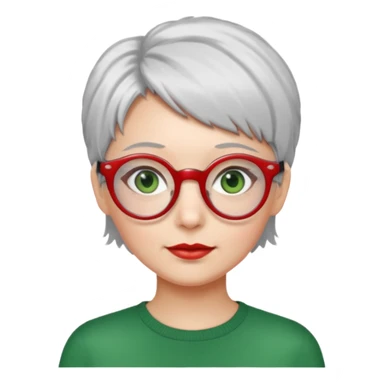 visage femme a lunettes fine ronde rouge avec cheveux courts gris-blancs aux yeux verts sticker