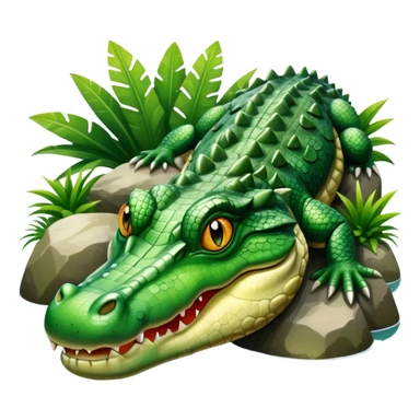 Crocodile resting, surrounded by rocks, water, and tropical plants. The green scales of the crocodile glisten under the light, with its sharp eyes focused ahead. The background features a naturalistic habitat with plants and water, giving it a lifelike feel. sticker