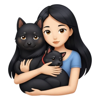 A beautiful girl with long black hair hugs a Black Shiba Lnu sticker