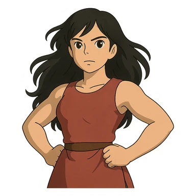 ghibli style strong girl with brown eyes, flesh-colored skin, long slightly wavy black hair sticker