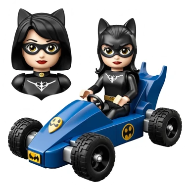 full size real-appearance road Lego racing sexy buxom CatWoman’s feminine midnight-colored tight outfit sixty’s tv show dark stealthy accurate sporty safe plush deluxe off-road pursuit drifting car jaguar (black hair,reclined and relaxed torso and shoulders back seating position) cross kart  sticker