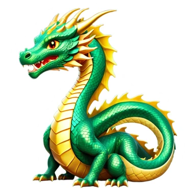 cinematic-noble-dragon-full body-emoji,-poised-and-majestic,-with-a-sinuous,-elongated-build-and-shimmering,-scale-covered-skin-in-hues-of-emerald-and-gold,-piercing,-fiery-eyes,-simplified-yet-sharp-and-sophisticated-features,-highly-detailed, zoomed out showing the serpentine body sticker