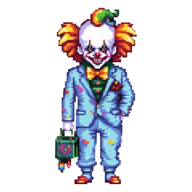 demonic clown wearing a leisure suit with accessories sticker