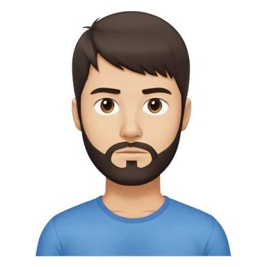 Argentine male with longer straight dark brown hair reaching shoulders, bangs, short complete beard, serious neutral face, wearing plain blue t-shirt sticker