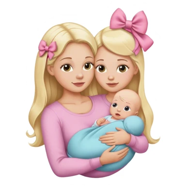 Blonde long hair mom with newborn baby girl bald wearing a hairbow sticker