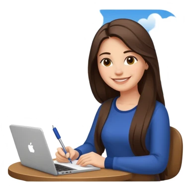 웃는 얼굴로 이메일 쓰는 브루넷 긴머리 여자, 뒤에는 로스앤젤레스 풍경 sticker