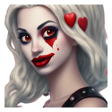 Red lovely heart in Harley Quinn style, oil paint, mysterious eyes, intricate lips, masterpiece portrait, odd perspective, beautiful, desirable, logical sticker