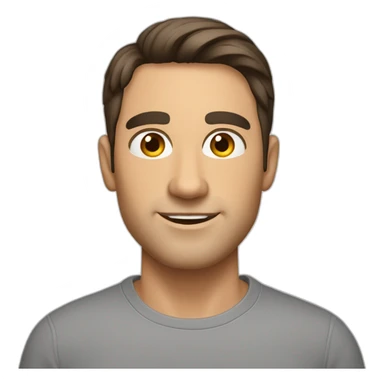 Caucasian man with, tanned skin, short dark hair, brown eyes, big nose, sticker