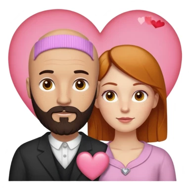 Couple. Bald man with dark brown-black beard. White woman with many small, faded freckles, white skin and she has auburn-yellow-brown-caramel, dark hair. She has light orange-brown eyes. The man have hazel eyes. They are inside one big heart. Retro style. sticker