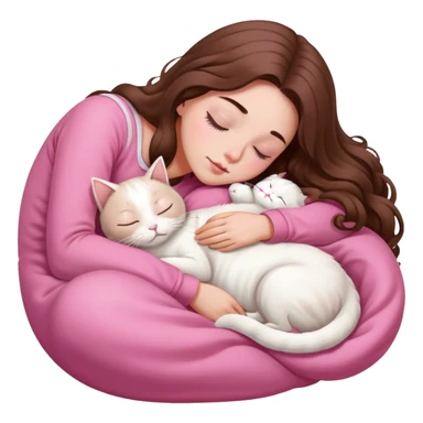 A pretty white girl with very long brown hair and pink clothing sleeping curled up to a white cat  sticker
