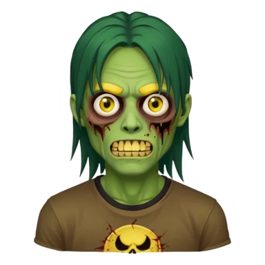 I want you to give me a zombie man and his skin its green who has golden teeth, yellow eyes, eyebrows and black hair, the hair I want to be a long modcut cut and is wearing a brown affliction T-shirt and thin circular lenses sticker