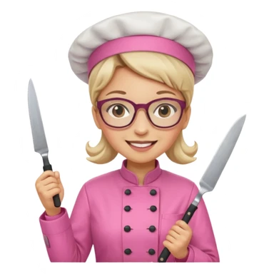 female italian chef, pink uniform, wearing glasses, holding knife sticker