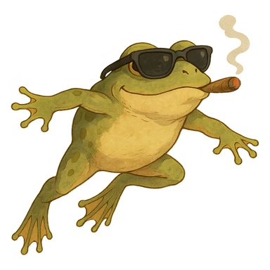 detailed frog leaping, wearing ray bans, looking very satisfied, smoking a cigar, in ghibli style sticker