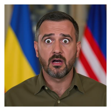 highly realistic, photorealistic portrait of Volodymyr Zelensky, President of Ukraine, expression of fear and shock, entire head and shoulders fully visible, centered in frame, short dark hair, trimmed beard, wearing dark olive green shirt sticker