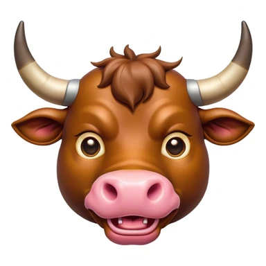 Cinematic Comical Domestic Bull Portrait Emoji, Head tilted dramatically with an exaggeratedly amused expression, featuring a striking, glossy coat with boldly defined horns and wide, expressive eyes brimming with playful disbelief, Simplified yet hilariously expressive features, highly detailed, glowing with a slightly sassy, earthy glow, high shine, dramatic yet playful, stylized with an air of cheeky rural mischief, soft glowing outline, capturing the essence of a spirited and over-the-top domestic bull that looks ready to charge its way into internet fame instantly! sticker