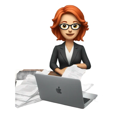 red hair woman wearing glasses desk monitor stack paper sticker