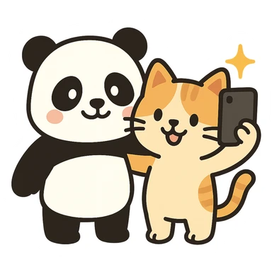 flat toon style panda and cat taking a selfie together sticker