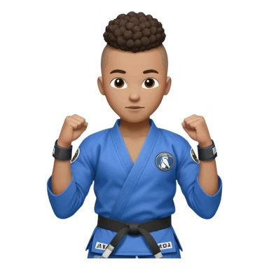 black karate instructor with pony tail afro hair and shaved bald sides haircut, Make the hair brown and the belt blue. Add the roger Gracie academy logo on the go also and the p logo of progress jiu jitsu on the right arm sleeve  at the top sticker