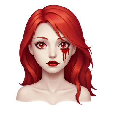 a woman with long red hair and red eyes. She have red lipstick. blood on face and metaphorical chest sticker