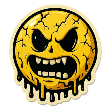 scary emoji with cracks, drips and chips, retro stickers style, sharp black outlines, clear shadows and highlights, no gradients sticker