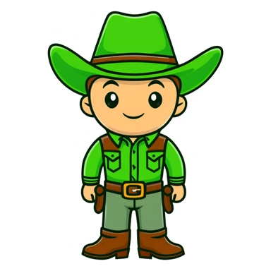 Cartoon cowboy with bright green outfit and matching green cowboy hat, western style sticker