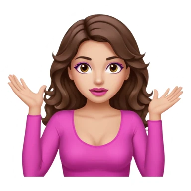 girl with long wavy brown hair, brown eyes, long lashes makeup, sexy pink lips, light to medium complexion, pink sexy top, two hands up, shrugging sticker