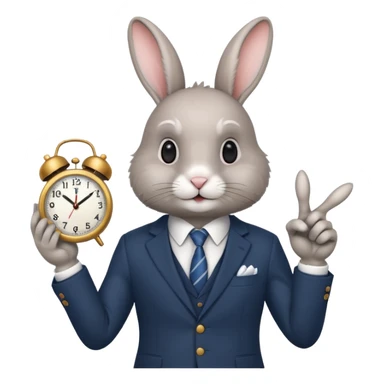A rabbitwearing a suitand holding a clockand pointing at the clock sticker