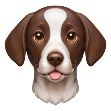 Cinematic Cute German Pointer Portrait Emoji, Playful and charming, soft brown and white tones, Simplified yet expressive features, highly detailed, glowing with a warm, friendly glow, high shine, joyful and loyal, stylized with a touch of whimsy, curious and alert, soft glowing outline, capturing the essence of a playful pup ready for adventure, so endearing it feels like it could jump out of the screen and wag its tail! sticker