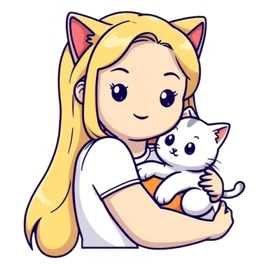 pretty woman with pale skin, very long blonde hair hugging a cat sticker