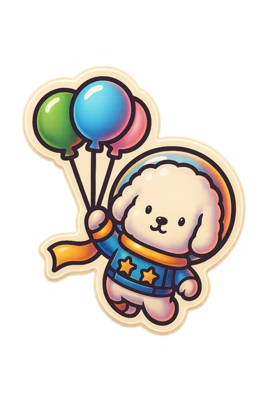 Transform the image into a WhatsApp sticker style by removing the background and leaving only the astronaut dog with balloons. Add a white border around the subject for a sticker effect. sticker