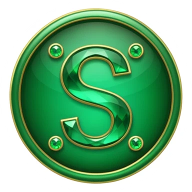 Create a custom emoji badge featuring a stylized, glossy letter “S”. Theme it according to the Emerald rank from League of Legends. Use deep green gemstones, bright emerald glows, and polished metallic framing. Luxurious and clean. sticker