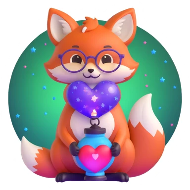 small magical fox with shimmering purple and blue fur, glowing fluffy tail, silver star on forehead, round glasses, tiny lantern, hugging a big red heart sticker