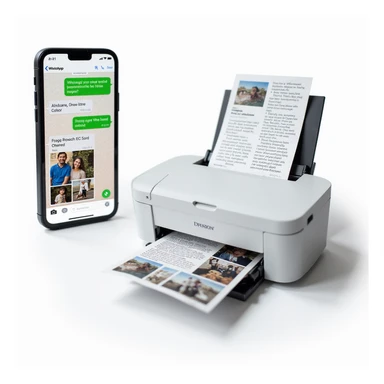 realistic thumbnail for a WhatsApp print out service, smartphone on the left side showing WhatsApp open with a chat containing images, PDFs, and documents being sent, printer on the right side printing out a mix of photos and documents, clean white background, simple background sticker