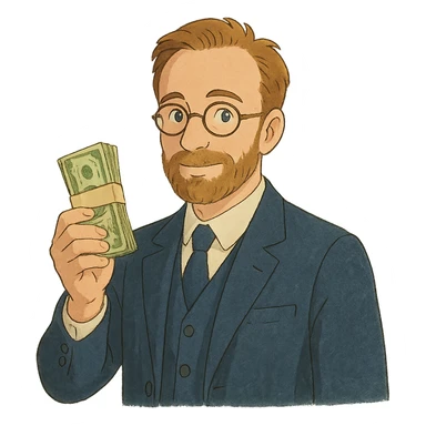 ghibli style illustration of Nikolai Astrup, Norwegian politician, holding a pack of money in his hand sticker