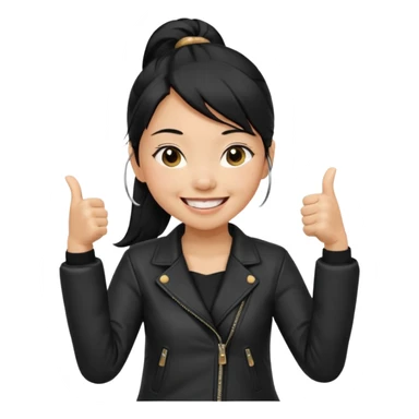 A girl with a pony tail black hair and Asian tan skin, Asian eyes, with a black jacket and a black purse, laughing with arms crossed giving a thumbs up  sticker