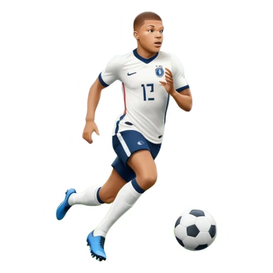 An icon showing Kylian Mbappé running with the ball on a football field during a match. The design captures his speed and focus, with dynamic motion lines and a vibrant background of the field and stadium lights. Transparent background emphasizes the action. sticker