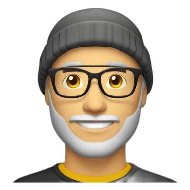 bearded white guy with clear framed glasses wearing yellow beanie black shirt sticker
