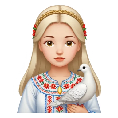 Ukrainian girl wearing a traditional embroidered vyshyvanka shirt with a white dove next to her sticker
