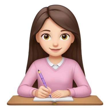 smiling long brunette hair girl hazel eyes wearing light pink clothes writing sticker