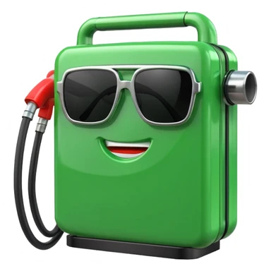 A 3D render of a green rectangular fuel pump as an inanimate object, with black sunglasses placed on its upper front panel. No face, no eyes, no character features, no anthropomorphism. Industrial product style. Clean lighting. Isolated on transparent background. sticker